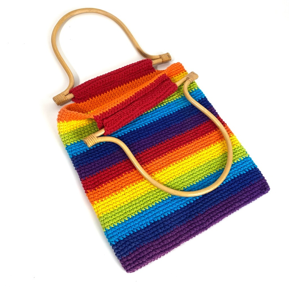 Rainbow Handmade Crochet Handbag with Bamboo Handles Pride Festival Style